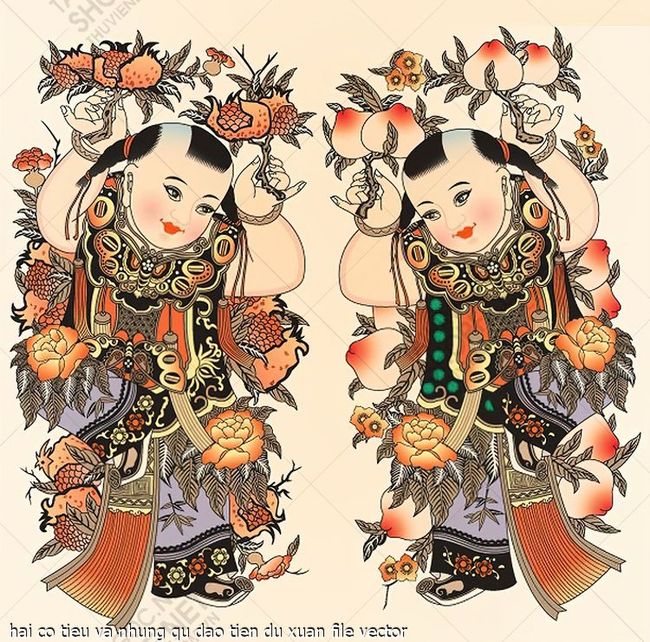 hai co tieu va nhung qu dao tien du xuan file vector